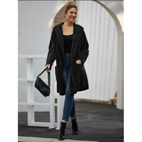 Fashion Solid Dual Pocket Open Front Teddy Coat-Black